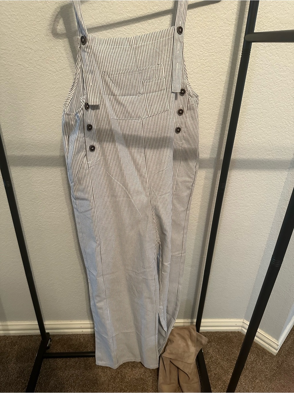 SHEIN White and Navy Pinstripe Denim Overalls